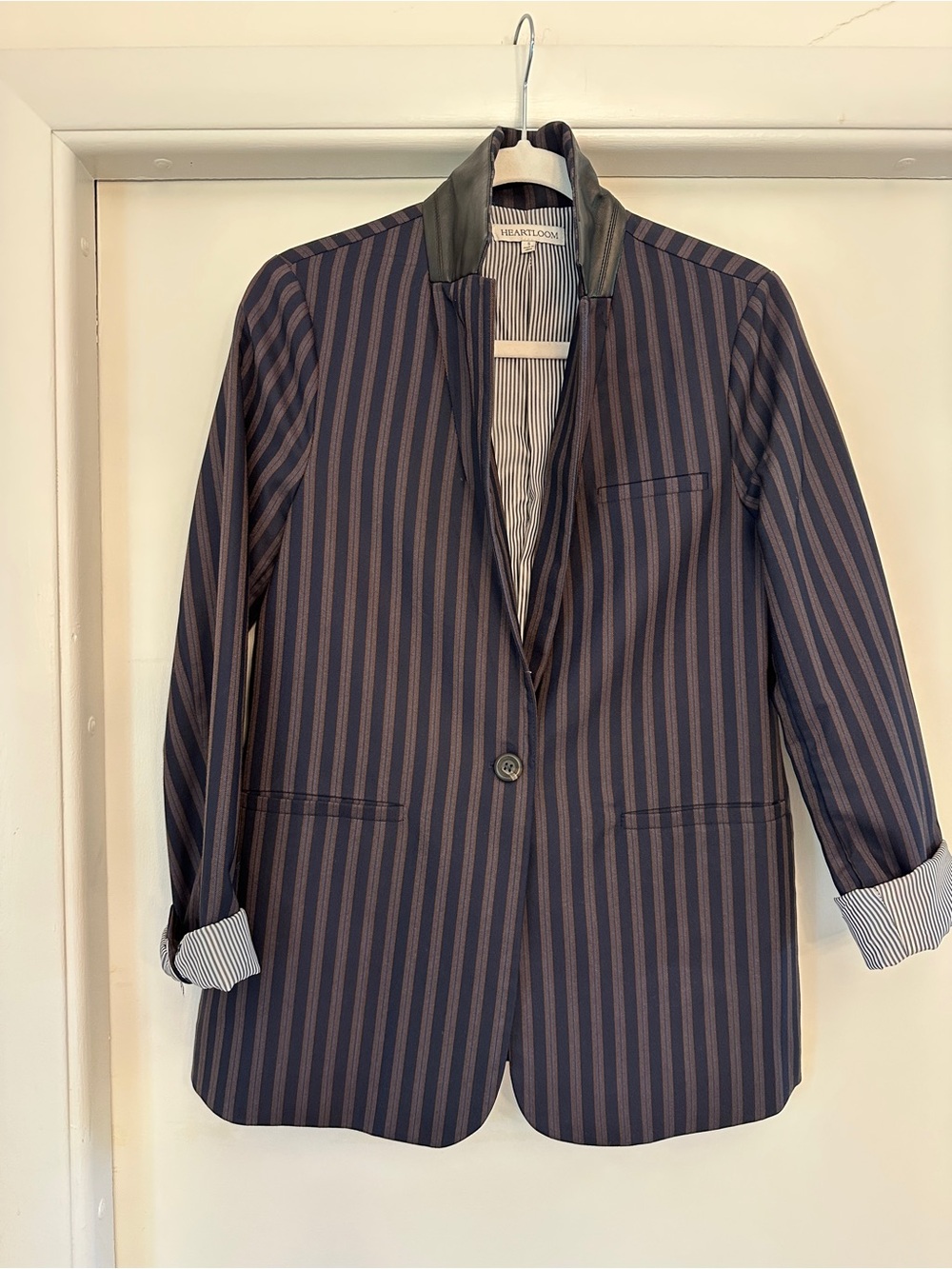 Heartloom Navy and Brown Pinstripe Blazer with Leather Trim